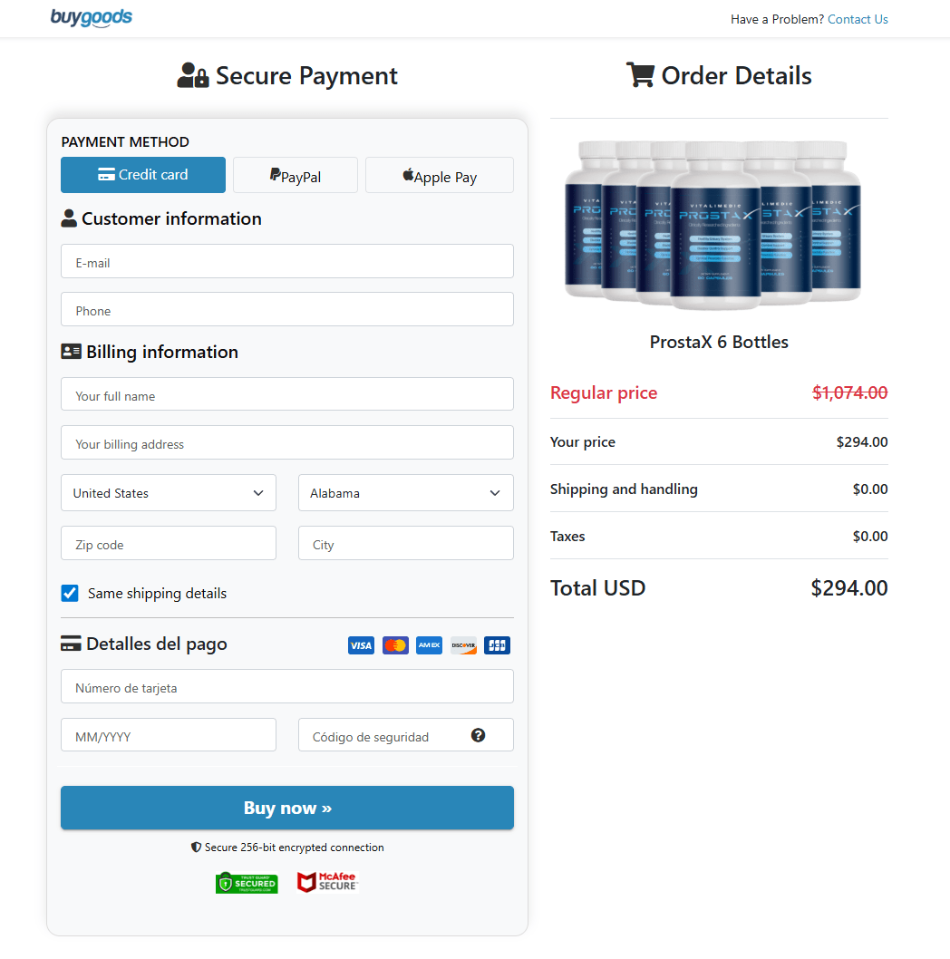 ProstaX order checkout page